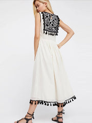 Embroidered Sleeveless Tassel trim Maxi Dress