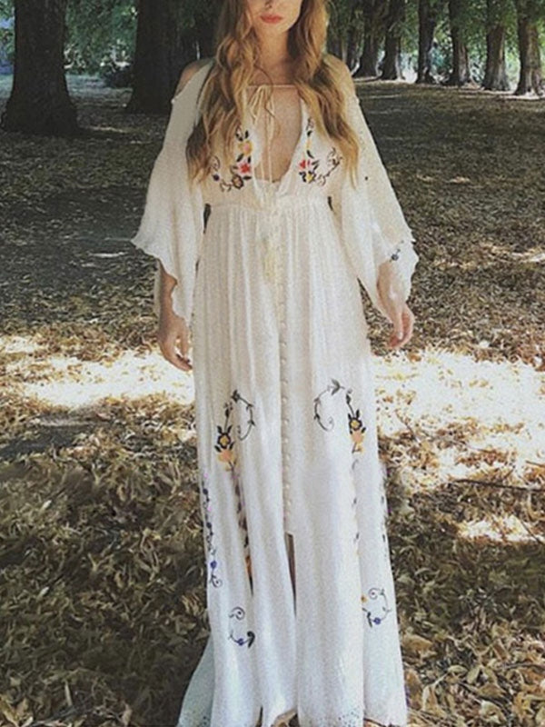 Embroidered V Neck Cut Out Sleeve Maxi Boho Dress