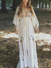 Embroidered V Neck Cut Out Sleeve Maxi Boho Dress