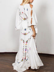 Embroidered V Neck Cut Out Sleeve Maxi Boho Dress