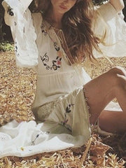 Embroidered V Neck Cut Out Sleeve Maxi Boho Dress