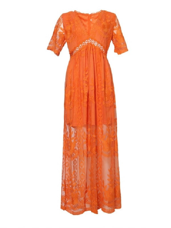 Embroidery Lace long Tunic Beach Maxi Dress