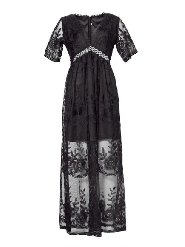 Embroidery Lace long Tunic Beach Maxi Dress