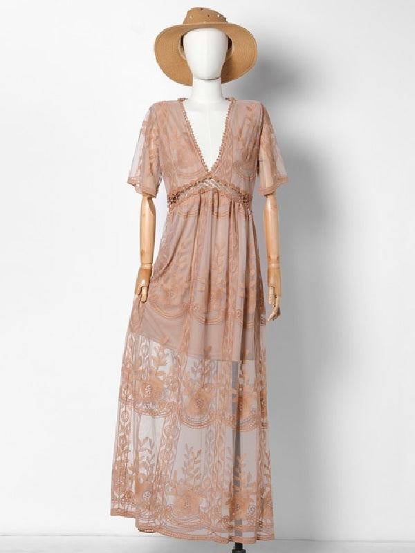 Embroidery Lace long Tunic Beach Maxi Dress