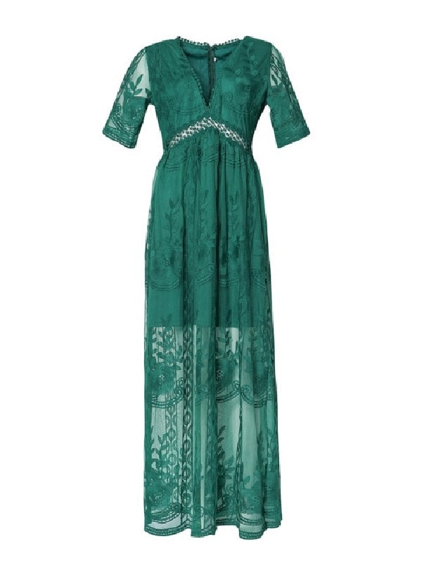 Embroidery Lace long Tunic Beach Maxi Dress