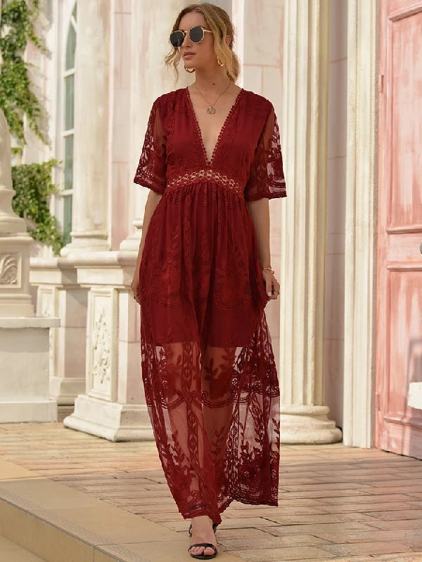 Embroidery Lace long Tunic Beach Maxi Dress
