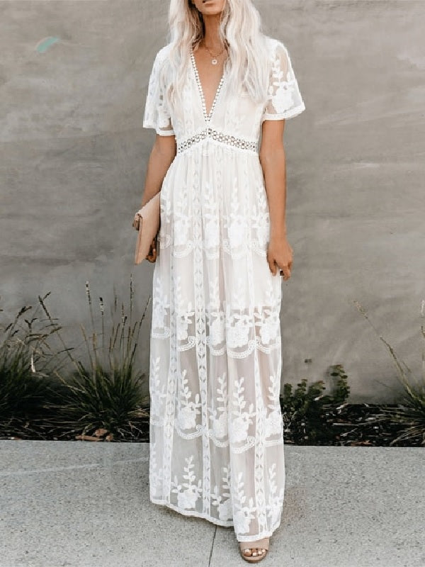 Embroidery Lace long Tunic Beach Maxi Dress