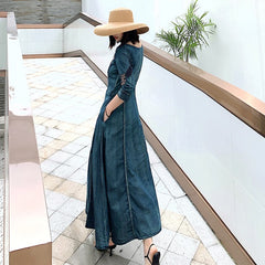 Embroidery Long Mid-Calf Denim Dresses