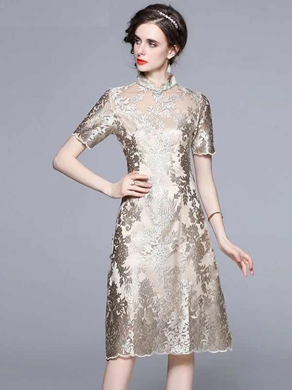 Embroidery Mesh Luxury Cocktail Party Dress