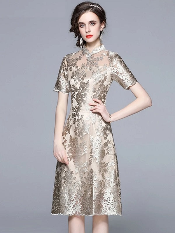 Embroidery Mesh Luxury Cocktail Party Dress