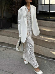 Embroidery Ruffles Deep V-Neck Slits See Through Tassel Petal Cuffs Dress