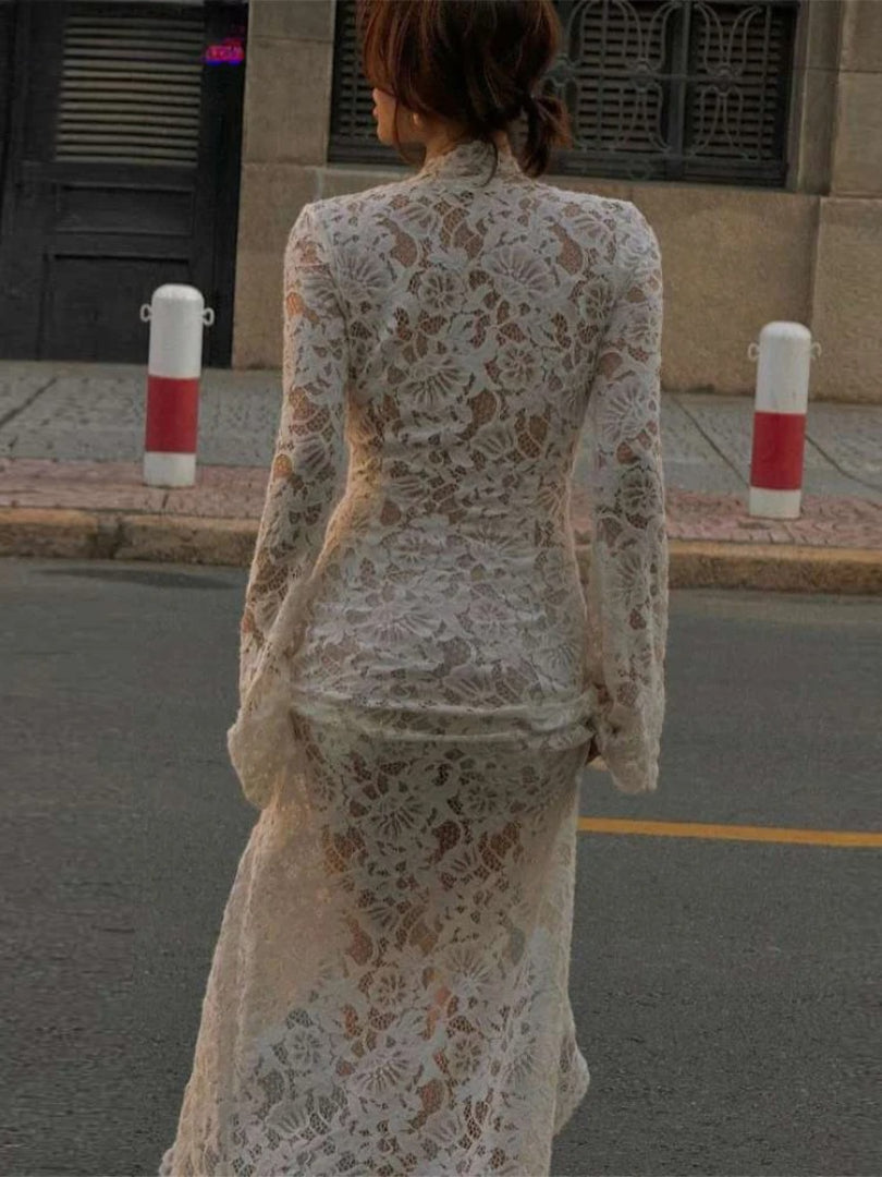 Embroidery Ruffles Deep V-Neck Slits See Through Tassel Petal Cuffs Dress