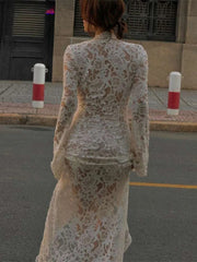 Embroidery Ruffles Deep V-Neck Slits See Through Tassel Petal Cuffs Dress