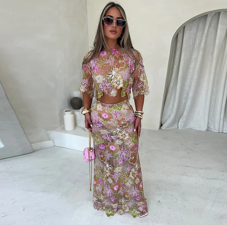 Embroidery Sequin Short Sleeve Shirt Crop Top Skirts Set