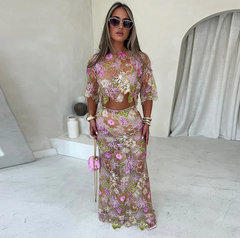 Embroidery Sequin Short Sleeve Shirt Crop Top Skirts Set