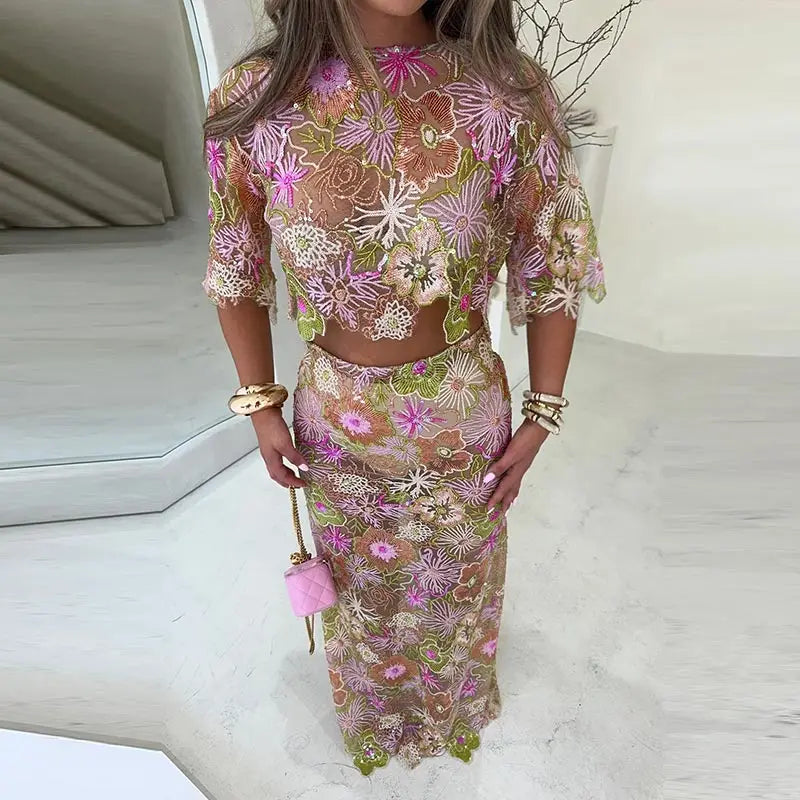 Embroidery Sequin Short Sleeve Shirt Crop Top Skirts Set
