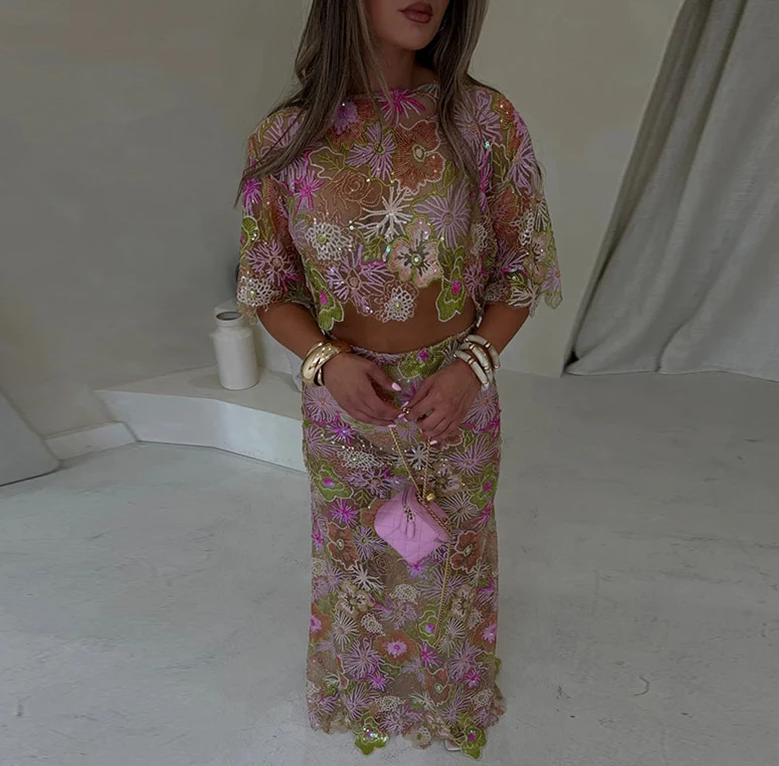 Embroidery Sequin Short Sleeve Shirt Crop Top Skirts Set
