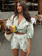 Embroidery Short Blouse Elastic Waist Suit Shorts Two Piece Set