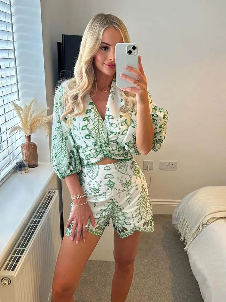 Embroidery Short Blouse Elastic Waist Suit Shorts Two Piece Set
