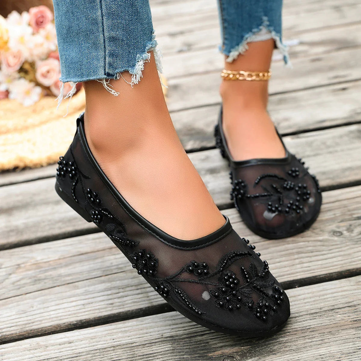 Embroidery String Bead Mesh Ballet Flats Pink Pearl Mary Jane Shoes