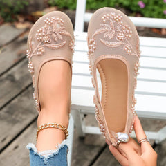Embroidery String Bead Mesh Ballet Flats Pink Pearl Mary Jane Shoes