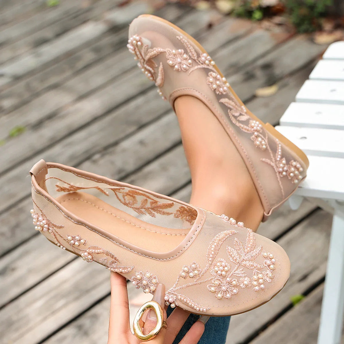 Embroidery String Bead Mesh Ballet Flats Pink Pearl Mary Jane Shoes