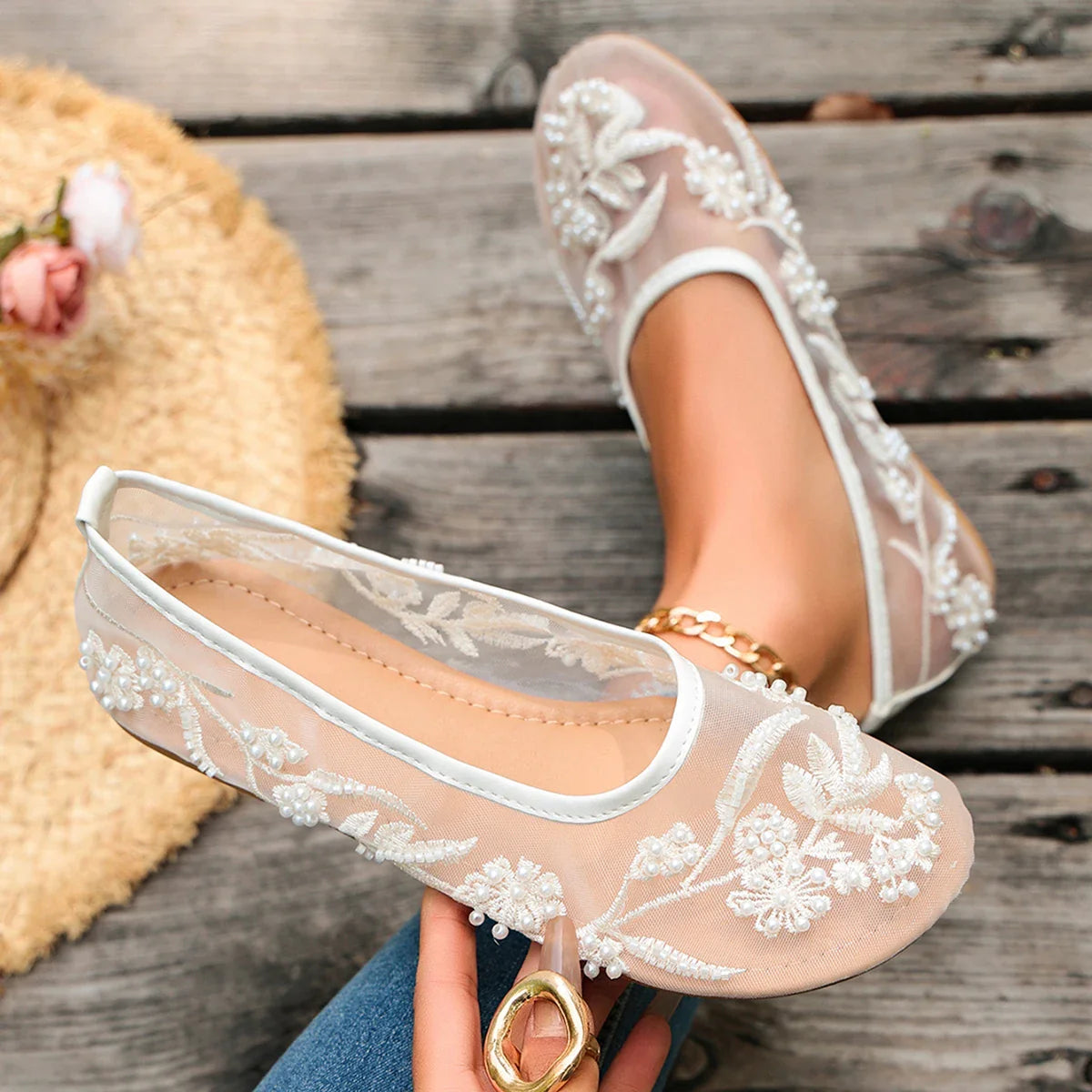 Embroidery String Bead Mesh Ballet Flats Pink Pearl Mary Jane Shoes