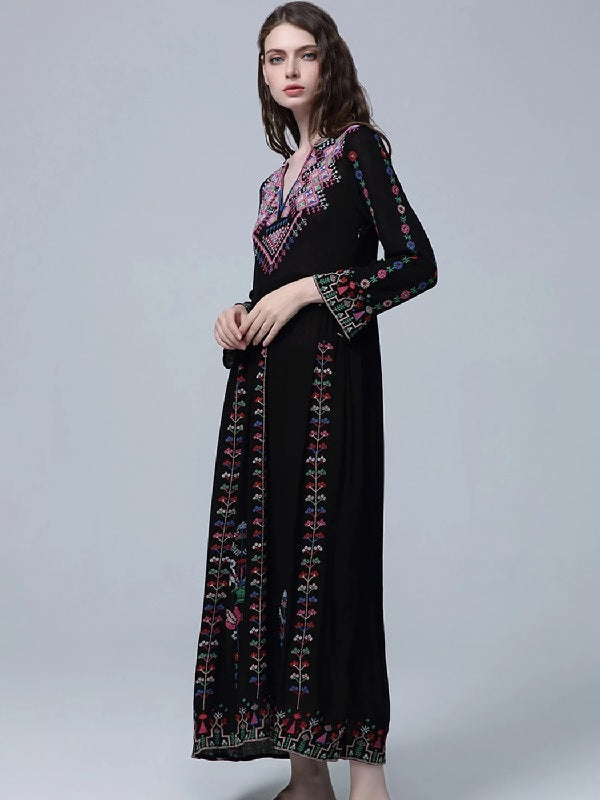 Embroidery V Neck Long Sleeve Beach Casual Maxi Dress