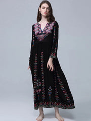 Embroidery V Neck Long Sleeve Beach Casual Maxi Dress