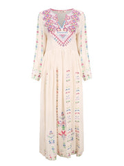Embroidery V Neck Long Sleeve Beach Casual Maxi Dress