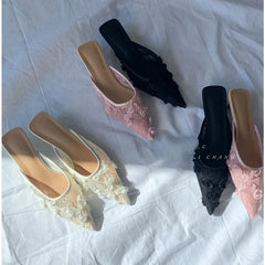 Embroidery Woman's Cotton Fabric Mules Slippers Luxury Elegant Pointed Toe Slides Shoes