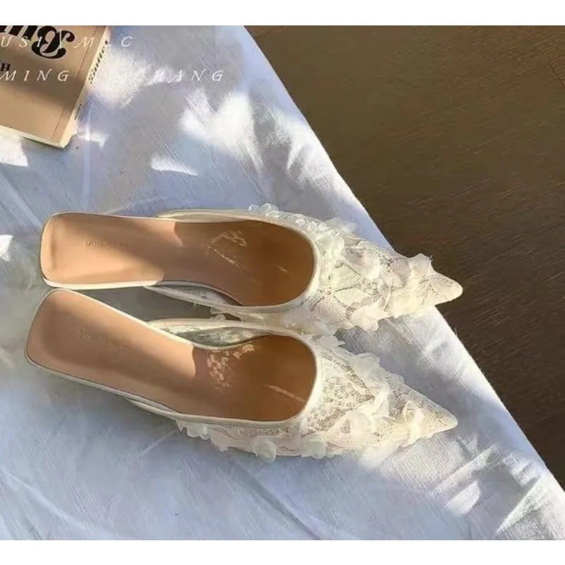 Embroidery Woman's Cotton Fabric Mules Slippers Luxury Elegant Pointed Toe Slides Shoes