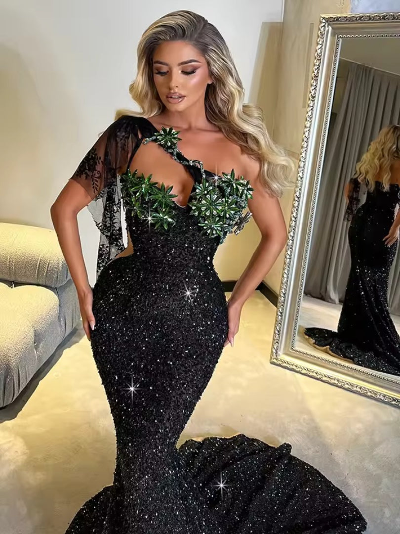 Erotic Sequin Crystal One-Shoulder Lace Details Sleeveless Dress