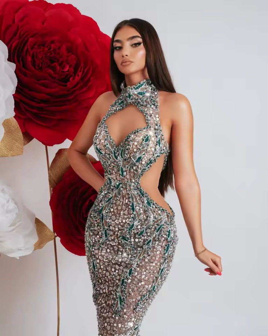 Erotic Sparkling Sequins Crystal Cut-Out Mermaid Sleeveless Dress Gown