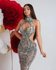 Erotic Sparkling Sequins Crystal Cut-Out Mermaid Sleeveless Dress Gown