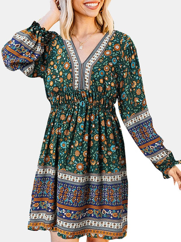 Ethnic Print Patchwork Lantern Sleeve Elastic Waist Midi Dress