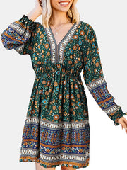 Ethnic Print Patchwork Lantern Sleeve Elastic Waist Midi Dress