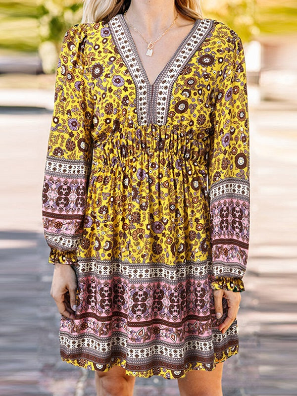 Ethnic Print Patchwork Lantern Sleeve Elastic Waist Midi Dress