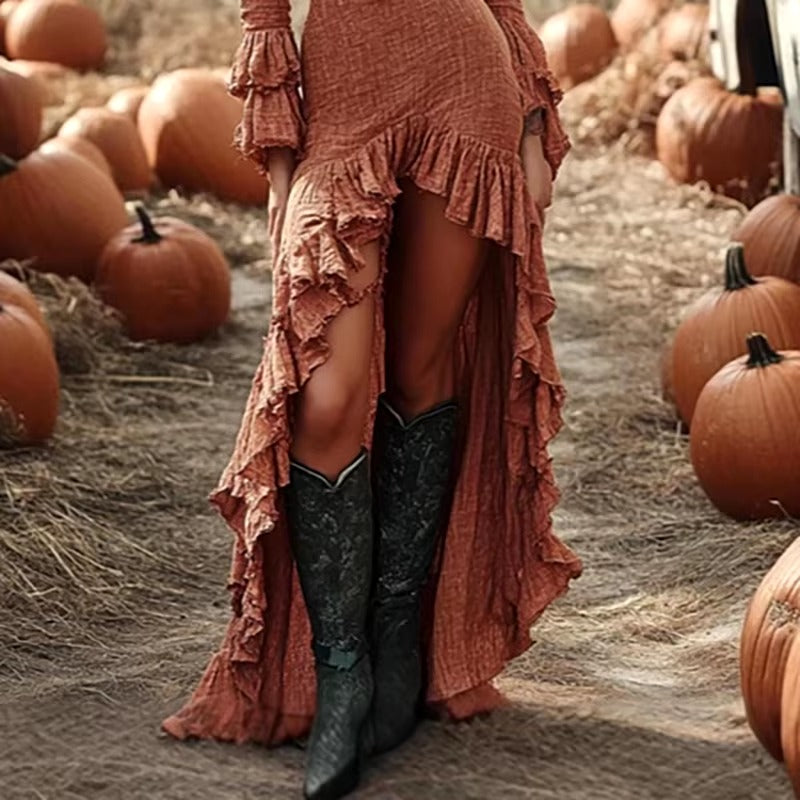 Ethnic Retro Butterfly Long Sleeve Solid Ruffle Irregular Maxi Dress