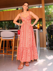 Ethnic Ruffles Pleated Floral Printed V-Neck Spaghetti Straps Maxi Dress