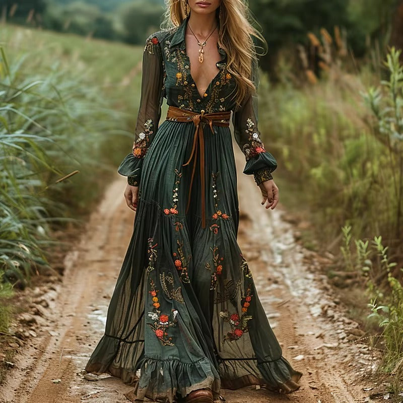 Ethnic Shirt Collar Buttons Retro Floral Print Pleated Bohe Maxi Dress Without Belt