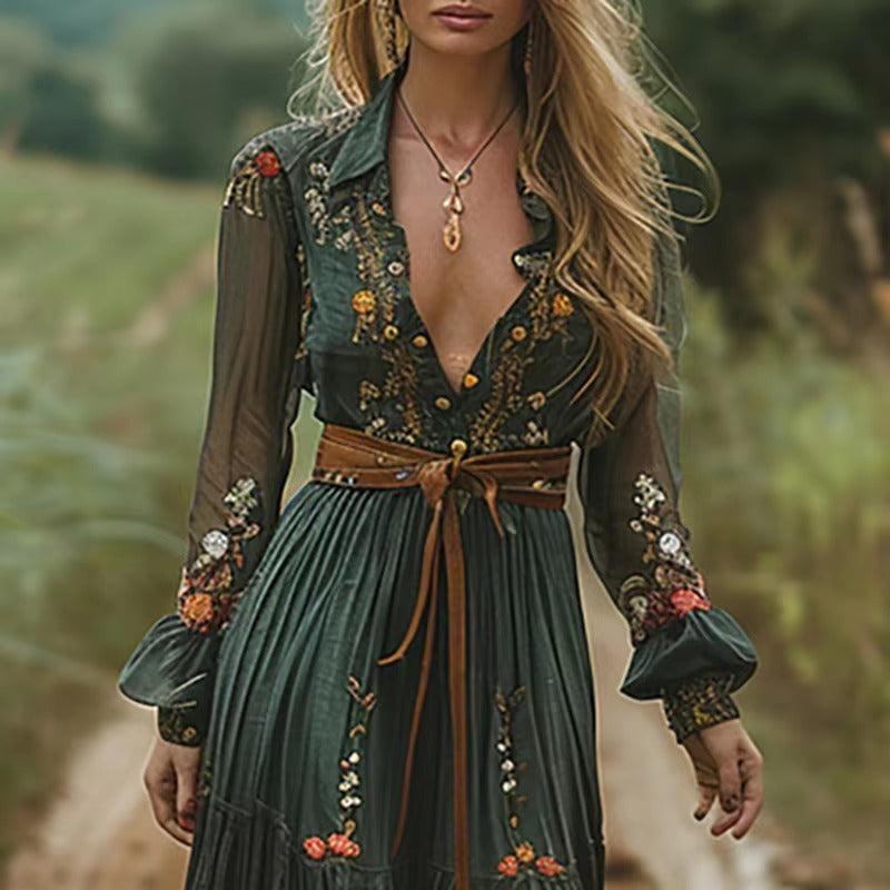 Ethnic Shirt Collar Buttons Retro Floral Print Pleated Bohe Maxi Dress Without Belt