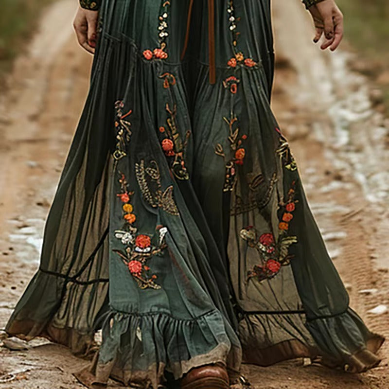 Ethnic Shirt Collar Buttons Retro Floral Print Pleated Bohe Maxi Dress Without Belt