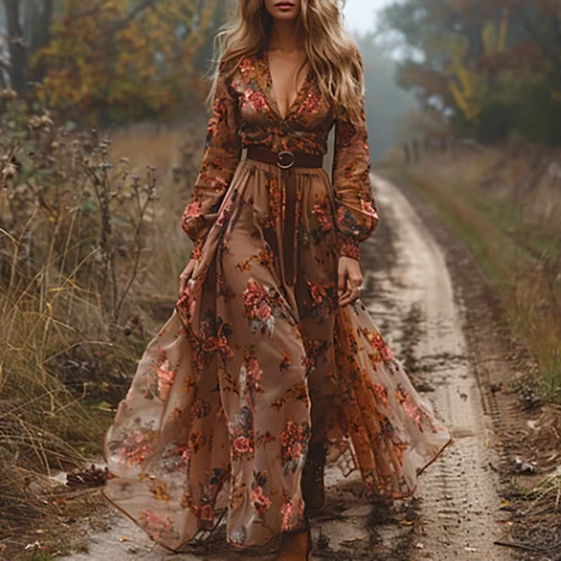 Ethnic Shirt Collar Buttons Retro Floral Print Pleated Bohe Maxi Dress Without Belt