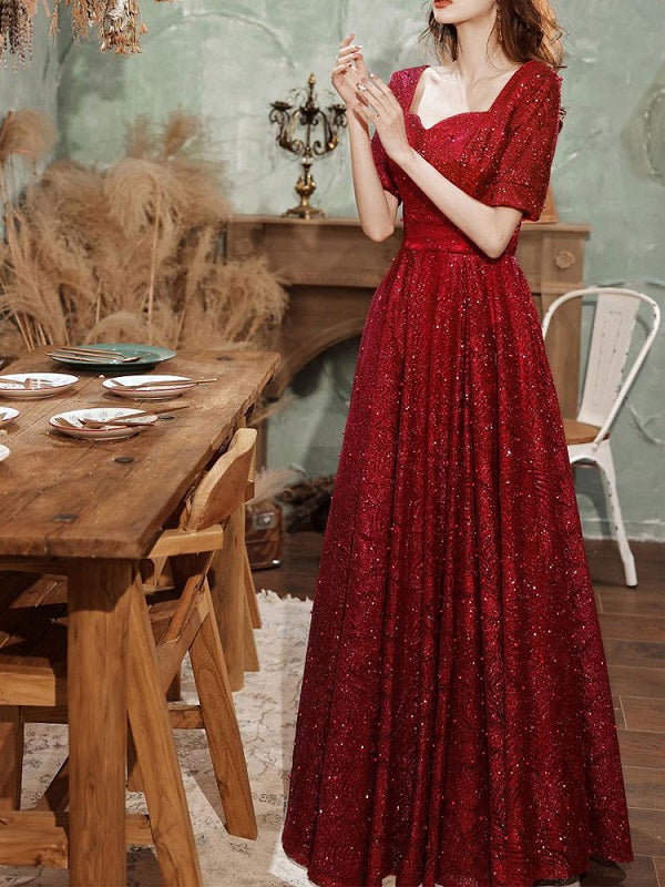 Evening A-Line Half Sleeves Lace Formal Dinner Dress