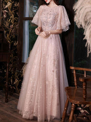 Evening A-Line Jewel Neck Half Sleeves Floor-Length Dresses