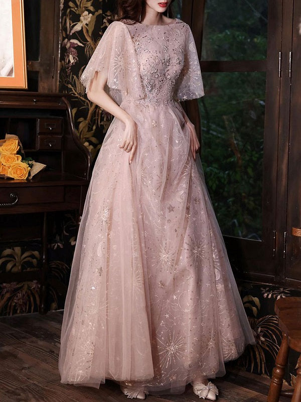Evening A-Line Jewel Neck Half Sleeves Floor-Length Dresses