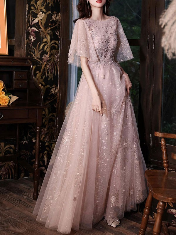 Evening A-Line Jewel Neck Half Sleeves Floor-Length Dresses