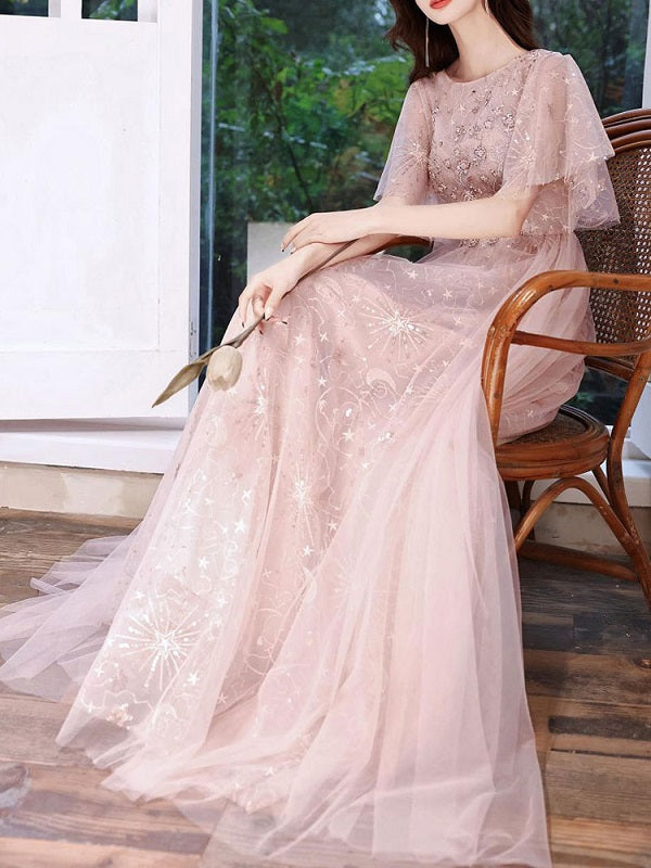 Evening A-Line Jewel Neck Half Sleeves Floor-Length Dresses