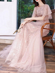 Evening A-Line Jewel Neck Half Sleeves Floor-Length Dresses